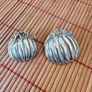 Set of Two Vintage Pumpkin Brooches or Pendant Signed Best & MJ Silver Tone